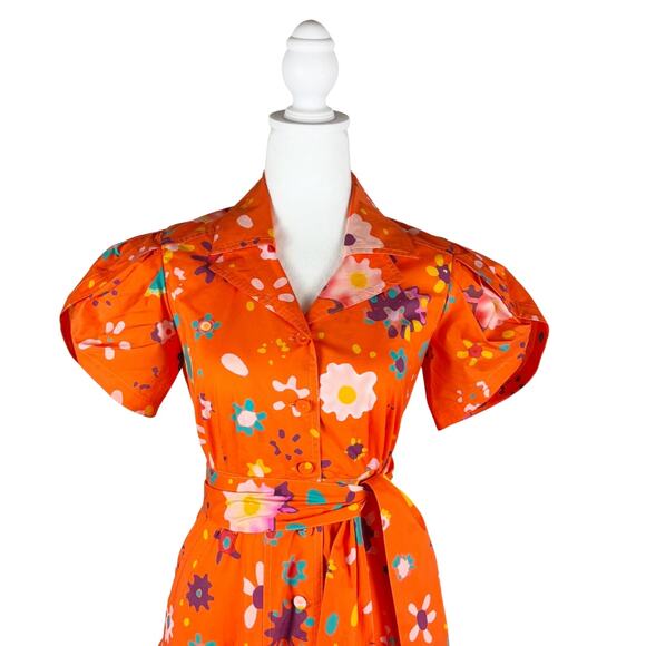 LHD Floral Cotton Poplin Midi Dress 0 Orange NEW - Picture 4 of 10